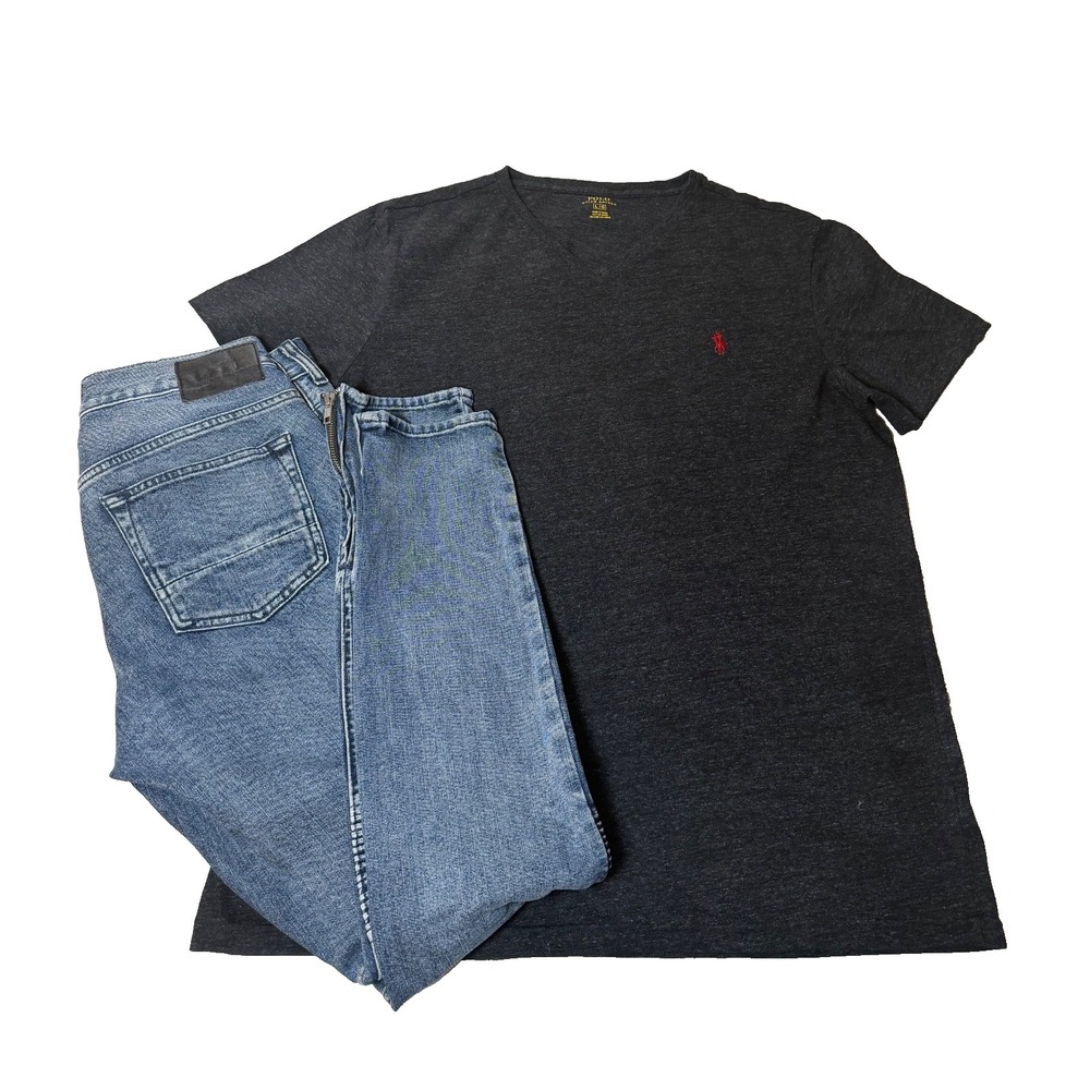 Polo Ralph Lauren Men's V-Neck T-Shirt Dark Gray Red Pony Size L & Jeans 32x30